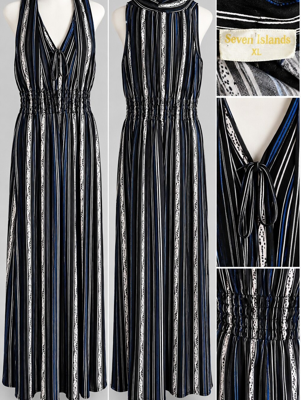 Seven Islands Black Striped Halter Maxi Dress with Blue Accents